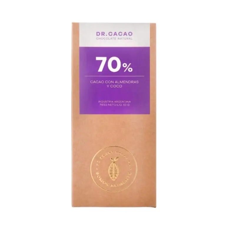 Dr Cacao - Chocolate relleno 70% con almendras y coco (50gr) Pack 10 unidades
