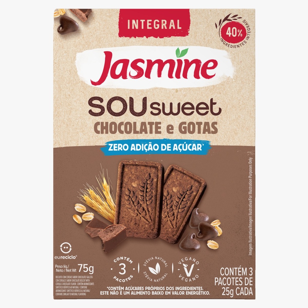 Jasmine - Galletitas Sou Sweet zero azúcar de chocolate con gotas x 75 gr 