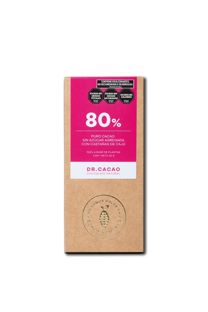 Dr Cacao - Chocolate macizo 80% sin azúcar agregada con Castañas de Caju (50gr)