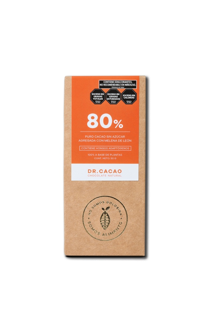 Dr Cacao - Chocolate macizo 80% sin azúcar agregada con Melena de Leon (50gr)