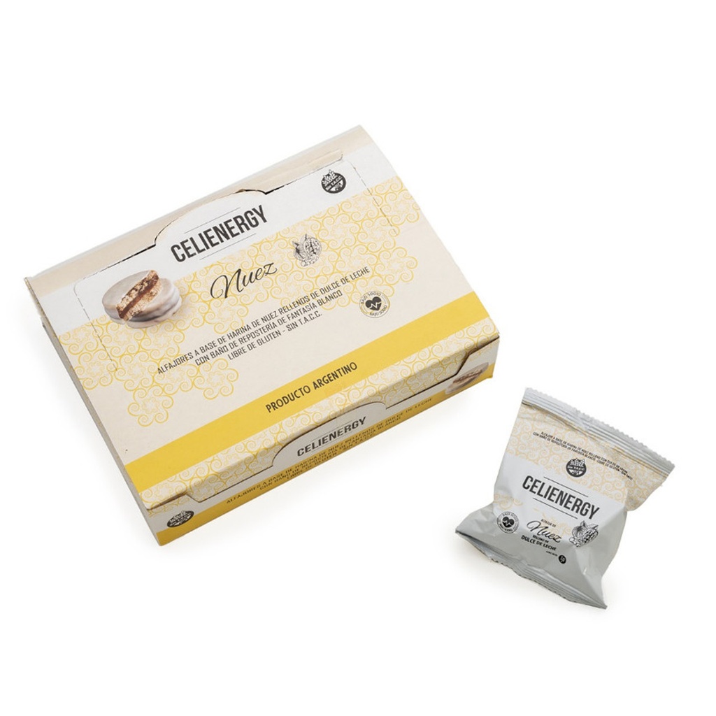 Celienergy - Alfajor a base de harina de nuez rellenos con dulce de leche y baño de chocolate blanco (caja 12 unidades)