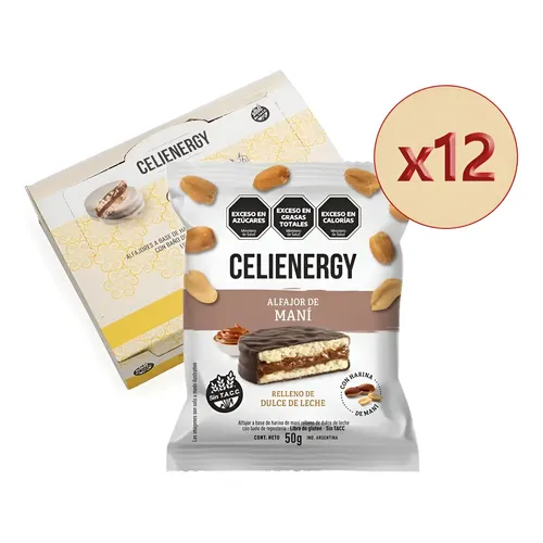 [CELIE006] Celienergy - Alfajor a base de harina de maní relleno con dulce de leche con baño de chocolate negro (display x 12 unidades)