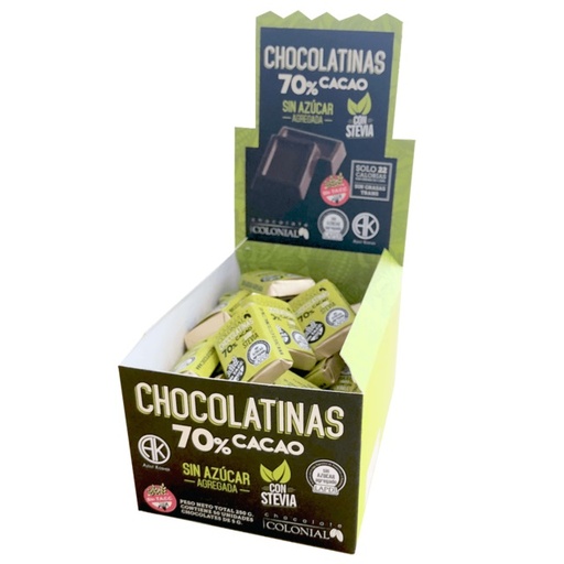 [COLON023] Colonial - Chocolatinas 70% semi amargas sin azúcar con stevia Barra 5 gr (50 unidades)