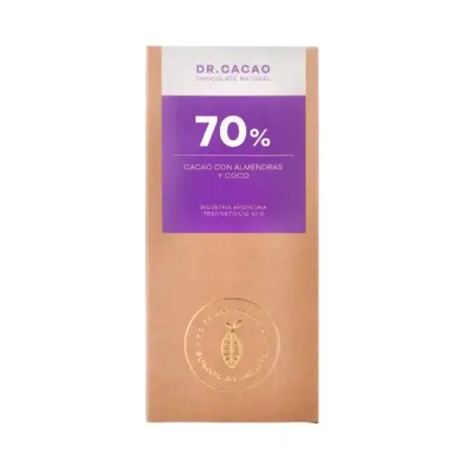 [DRCAC015] Dr Cacao - Chocolate relleno 70% con almendras y coco (50gr) Pack 10 unidades