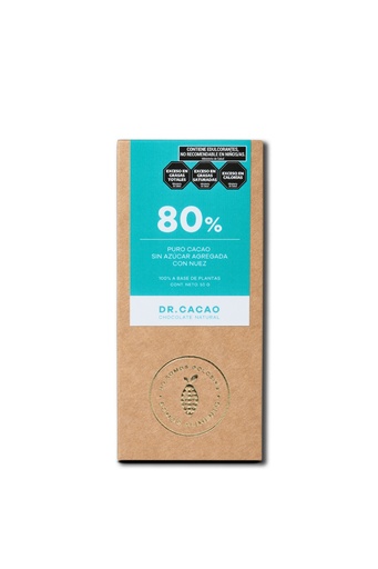 [DRCAC022] Dr Cacao - Chocolate macizo 80% sin azúcar agregada con Nuez (50gr)